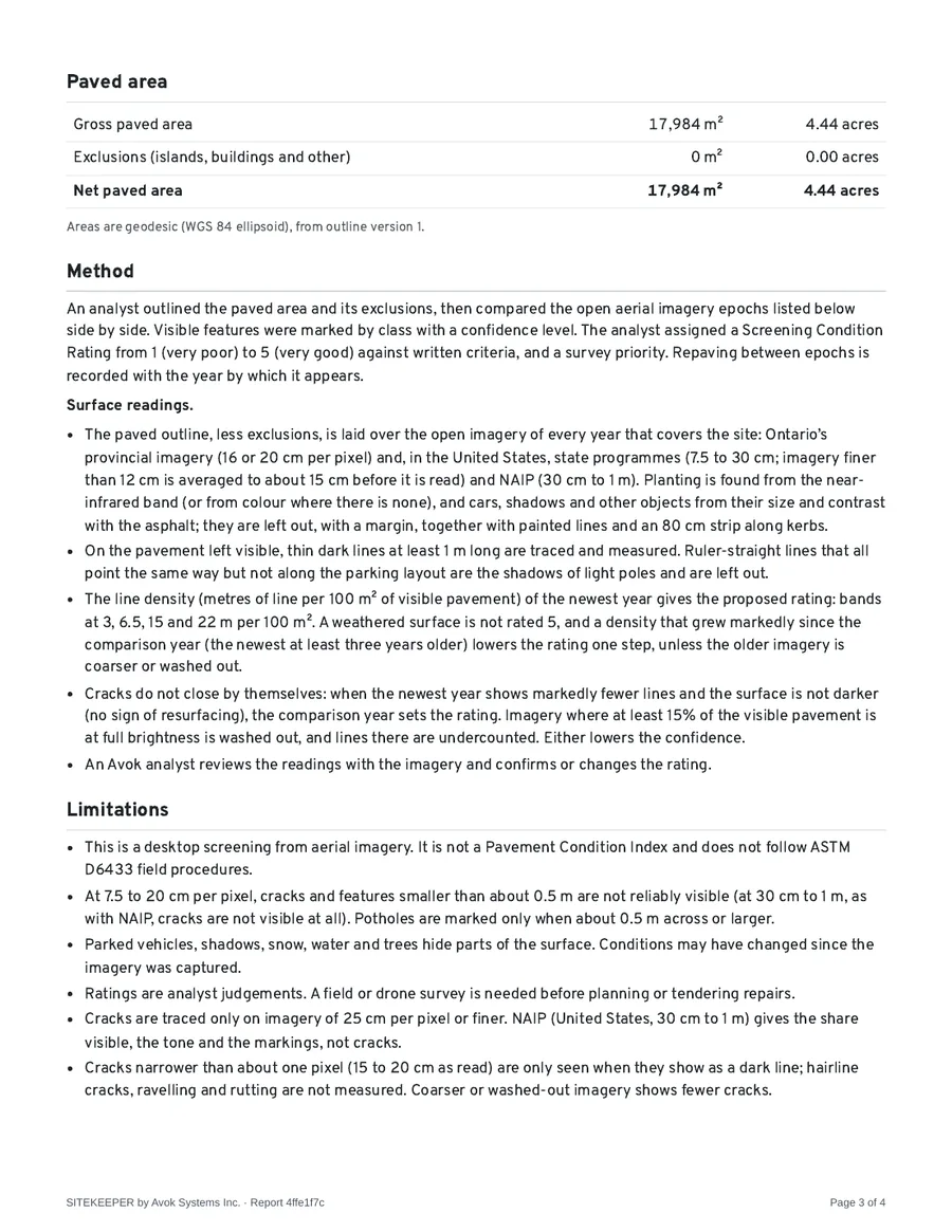 Page 3: paved area, method and limitations